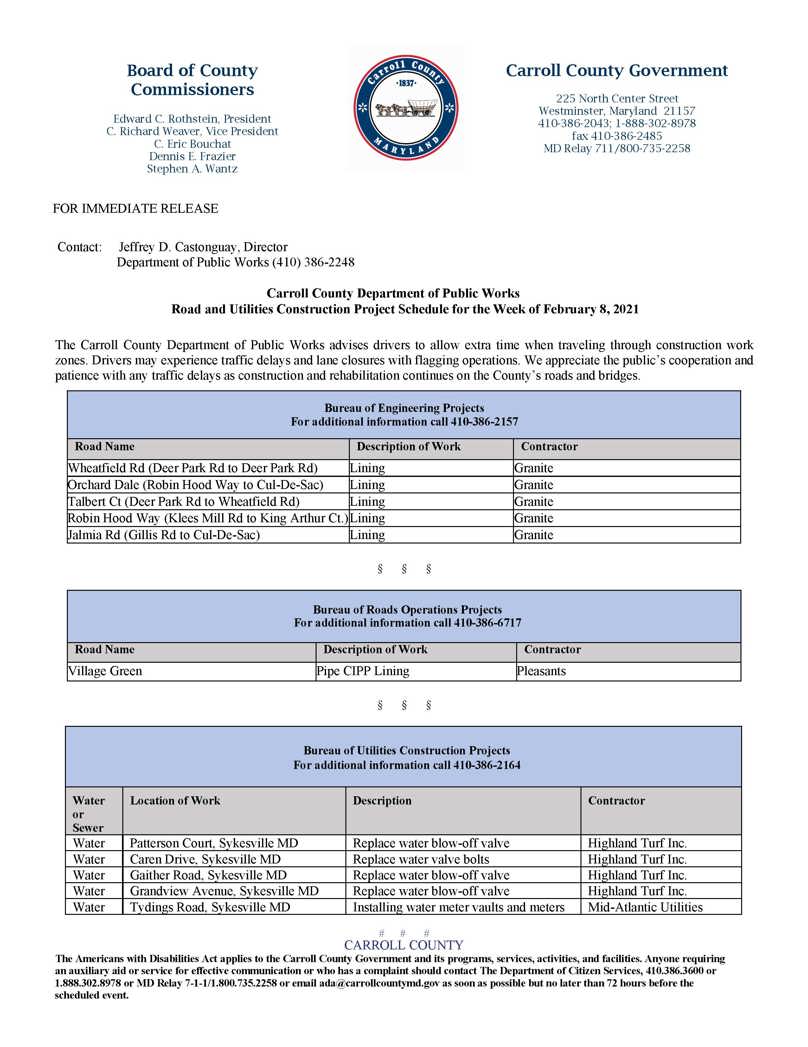 Carroll County Department of Public Works Road and Utilities Construction Project Schedule for the Week of February 8, 2021