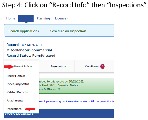 Step 4: Click on Record Info then Inspections
