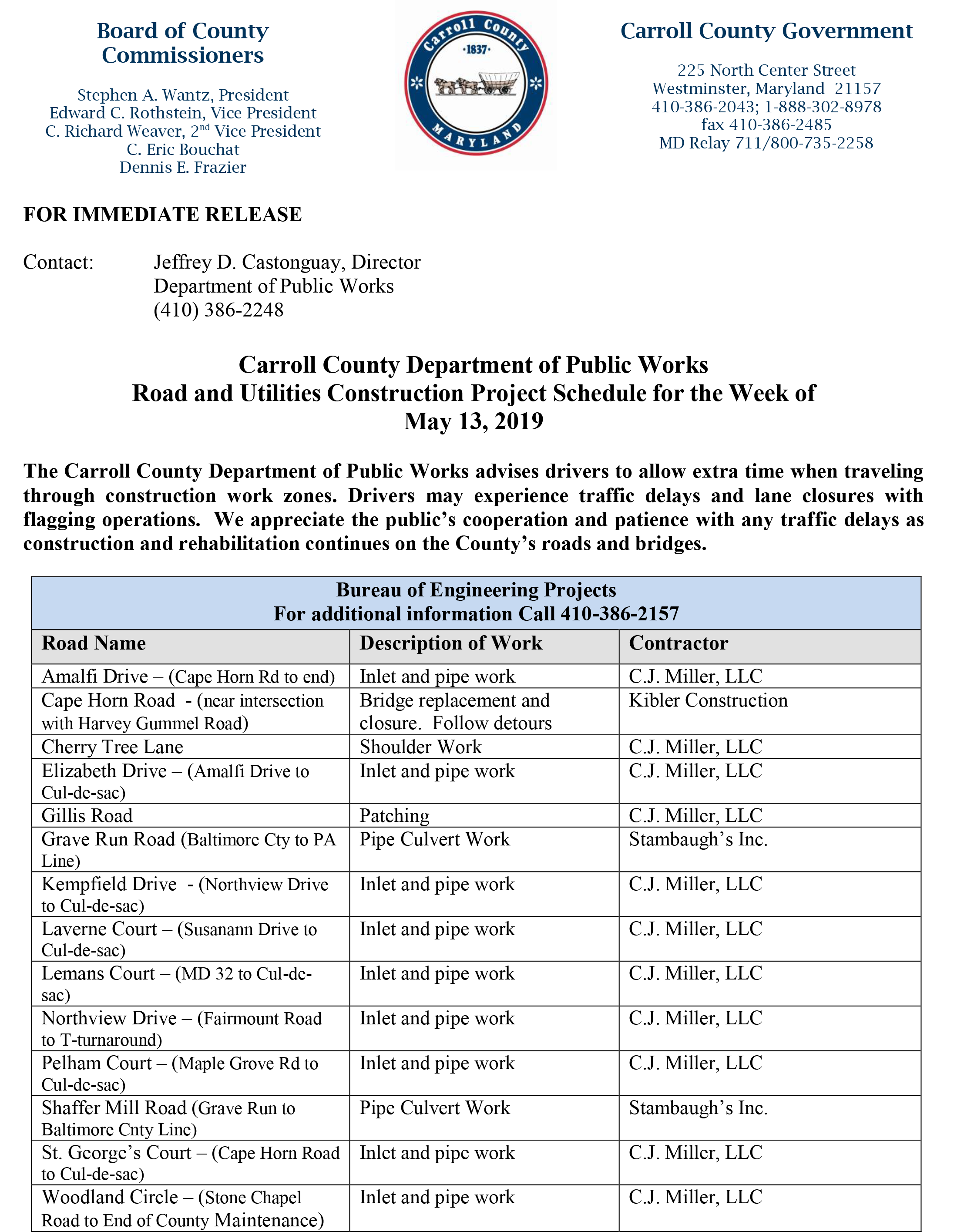 carroll county government carroll county department of schedule of works
